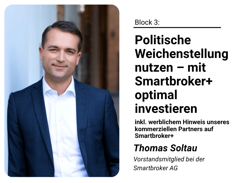 Grafik zum Vortragsblock von Thomas Soltau: Politische Weichenstellung nutzen – mit Smartbroker+ optimal investieren